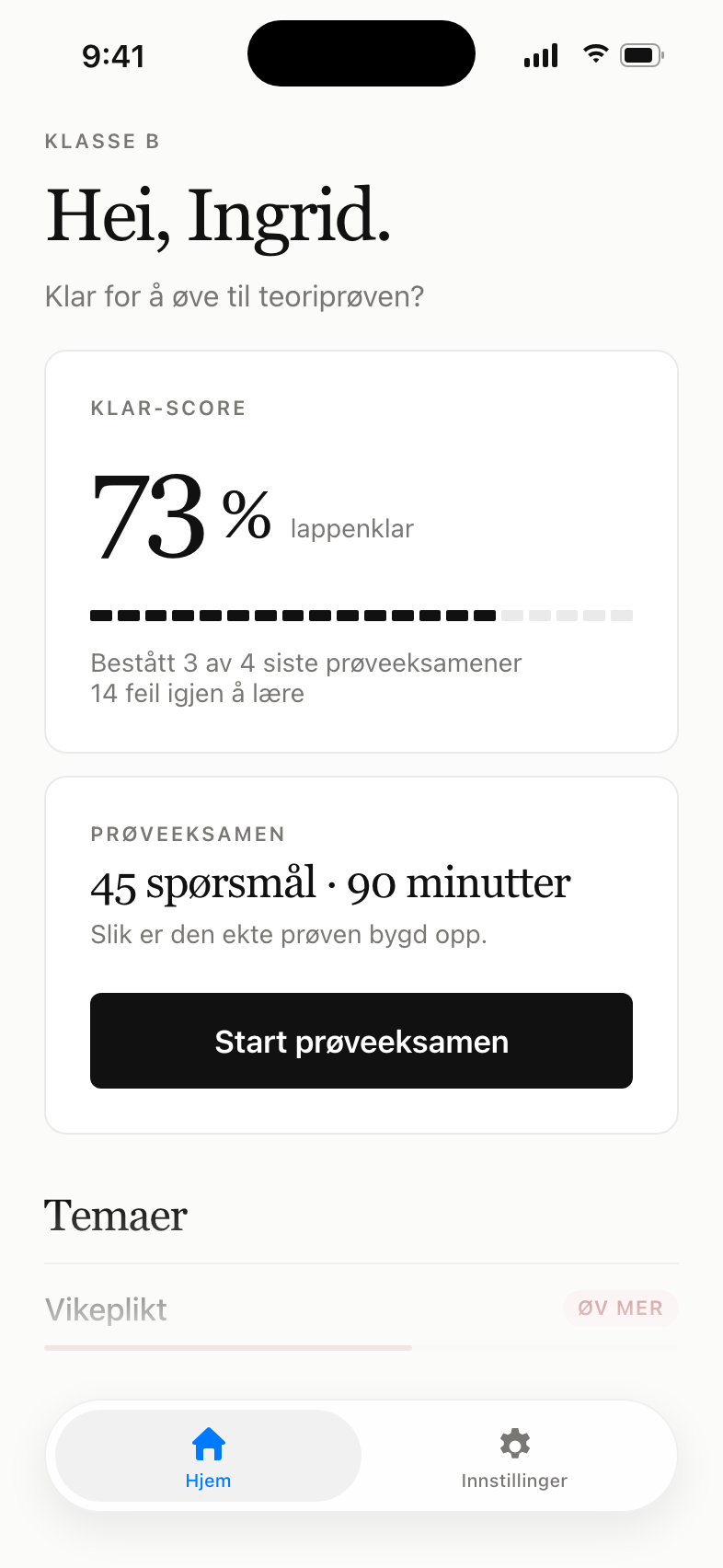 Hjemskjermen i Lappenklar med klar-score på 73 prosent