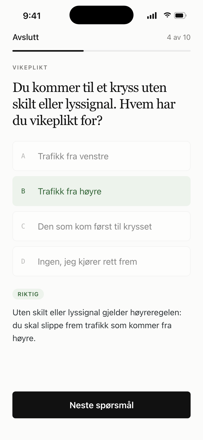 Øvingsspørsmål om vikeplikt med riktig svar og forklaring